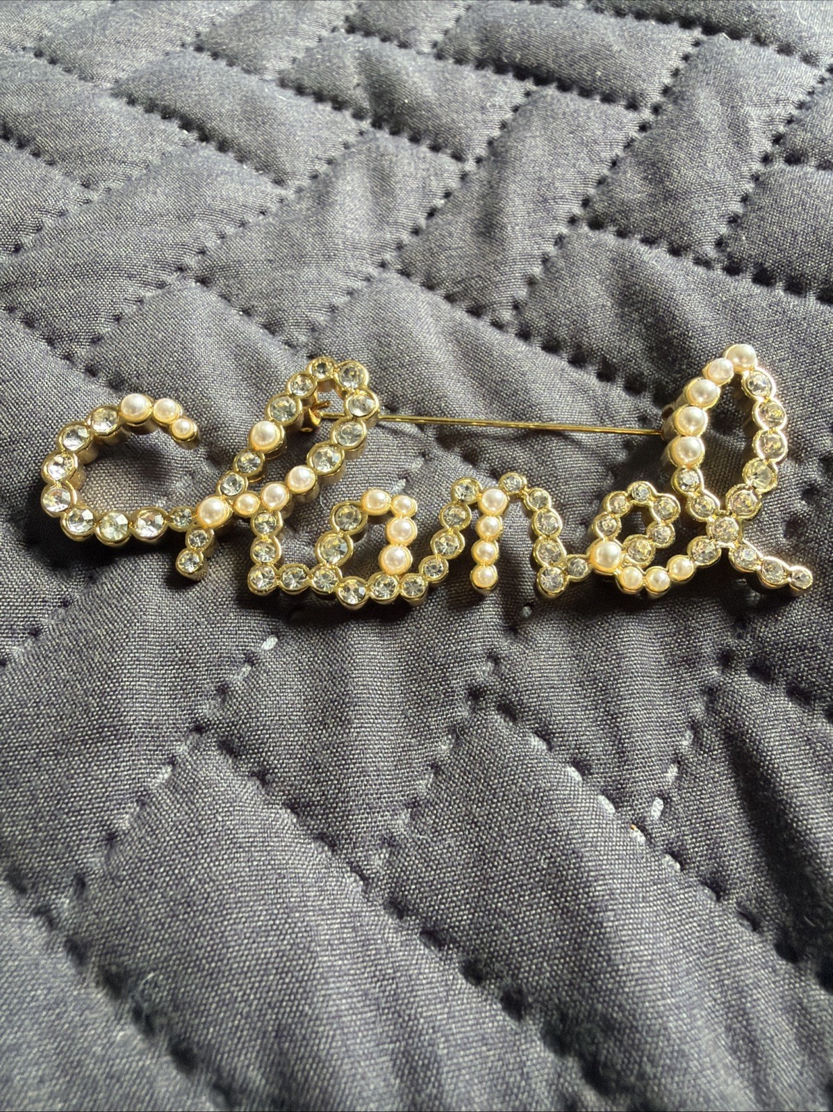 CHANEL Script Pearl Diamante Brooch Made in France