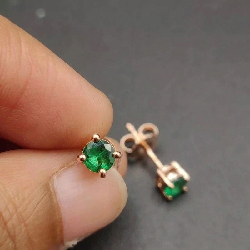 4mm Simulated Round Emerald Solitaire Stud Earrings 14K Rose Gold Plated#12