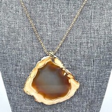 VTG Gold Tone Agate Slice Pendant Necklace Electroplated Geode Raw Crystal Boho