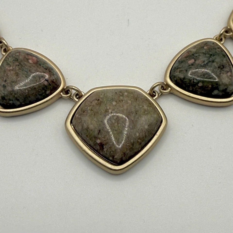 Natural Stone Necklace Brushed Gold Tone Unakite Jasper 15” - Image 3 of 4