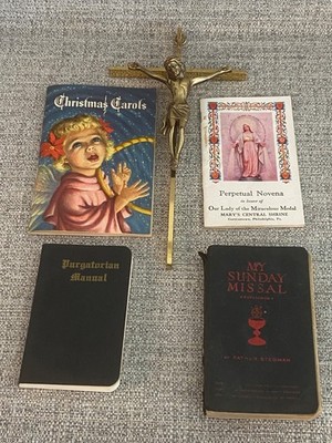 Vintage Catholic Prayer Book Lot + Brass Crucifix | Missal, Novena, Purgatorian