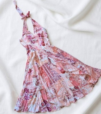 Sommerkleid Damen Neckholder Neu Pink Rosa Print Midi Elegant 34-38