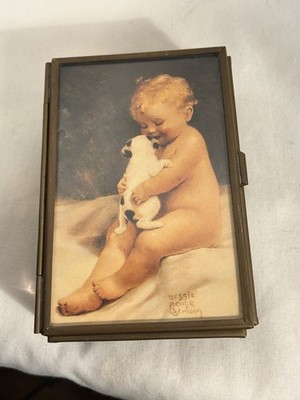 Bessie Pease Gutmann Baby with Puppy Vintage Glass Brass And Mirror Trinket Box