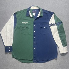 Vintage Wrangler Shirt Mens XL Green Navy Colorblock Brushpopper Pearl Snap