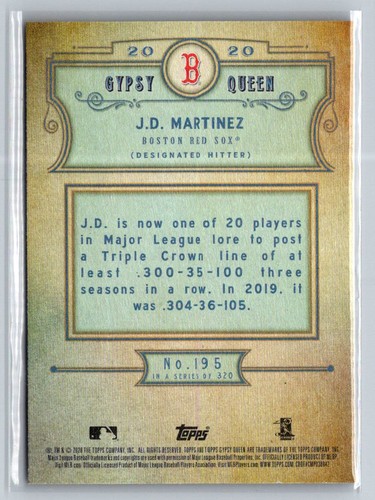 Topps Gypsy Queen #195 J.D. 2020 Martinez - Imagen 2 de 2