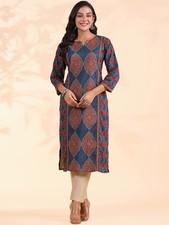 Indian Women Blue Cotton Sequined Ethnic Motifs Printed Kurta Kurti Tunic Dress