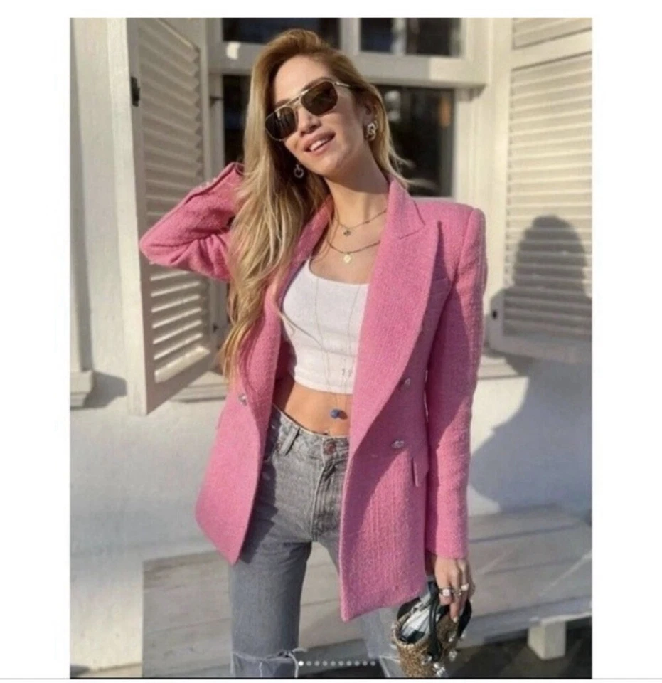 ZARA TEXTURED TWEED PINK BLOGGERS FAVE BLAZER JACKET TEXTURED WEAVE SILVER BTN - Image 2 of 4