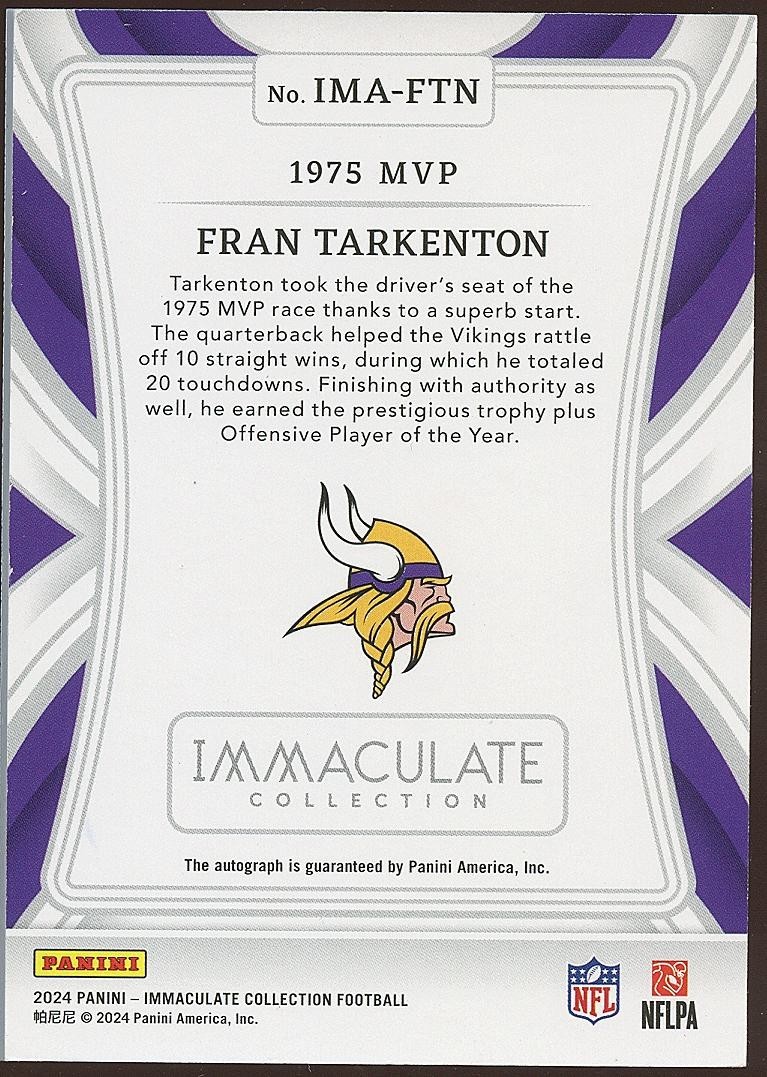 Win　サイン　ULTlMUNE brightwin Fran Tarkenton 2024 Immaculate On Card Auto Autograph Minnesota