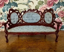Dollhouse Miniature Vintage Bespaq Blue Ornate Carved Settee Sofa 1:12 Scale