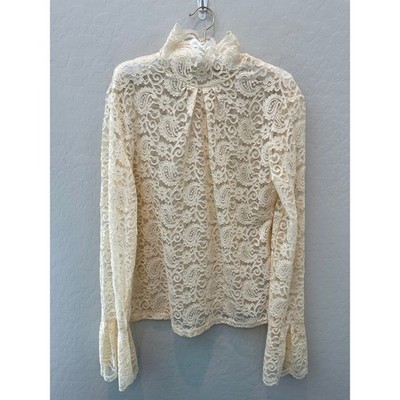 Cream Lace Mock Neck Bell Sleeve Sheer Blouse Top Fairy Boho Renaissance 2XL
