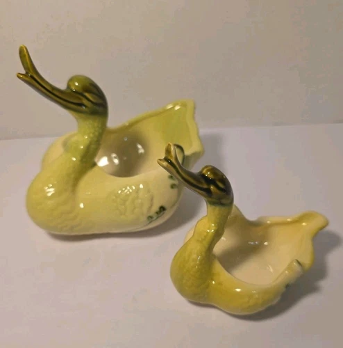 Vintage Mid Century Pottery Small Planter Goose Gosling Candy Coin Dish Set Two