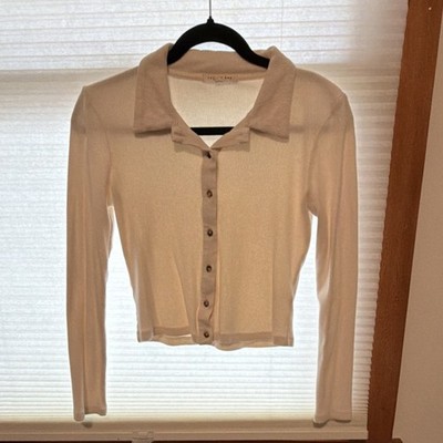 Copper Key Ribbed Knit Collared Cropped Button-Up Top Beige Long Sleeve S