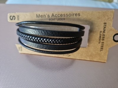Stainless Steel Elements, Männer Armband, Echt Leder, Gr. S, Schwarz