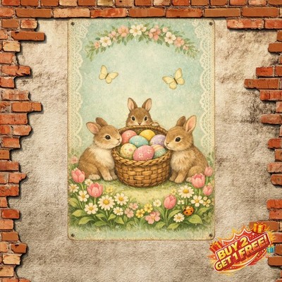 Colorful Hanging Egg Tree Easter Bunny Decor Metal Plaque Art 8x12