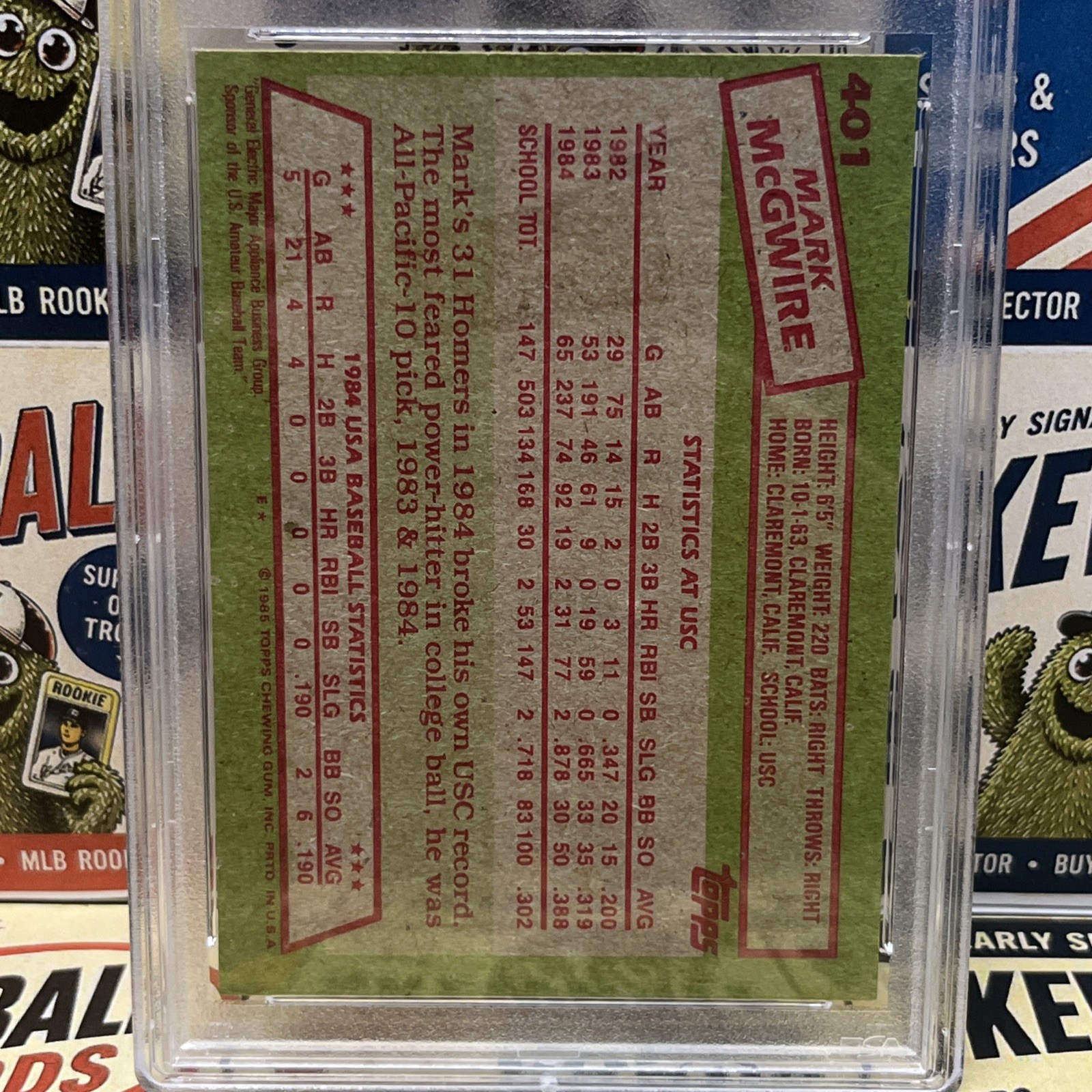 Signed 1985 Topps Mark McGwire #401 Cardinals Rookie Card Auto HOG PSA view 3