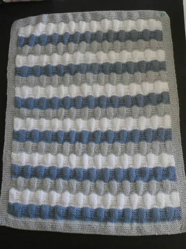 Hand knitted small baby blanket blue white grey stripe  51 x 65cm / 19.5 x 26"