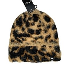 DKNY Fuzzy Animal Print Beanie Brown 444 