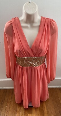 NEW Red Clover Sexy red mini DRESS deep V plunge in front & back gold sequin S