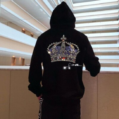 Fashion Crown Rhinestone Hot Drill Diamond Winter Hoodie Men Luxury Sweatshirt