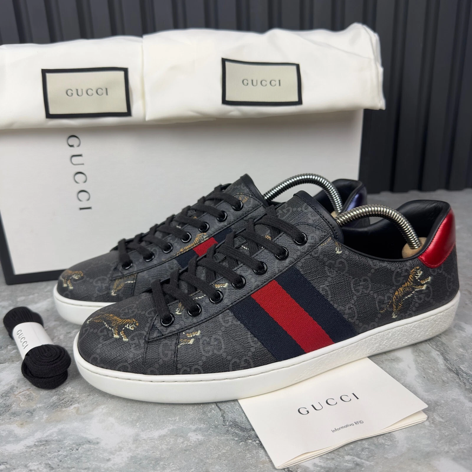 GUCCI Ace Web GG Supreme Monogramme toile tigre cuir gris 7 G 7,5 US
