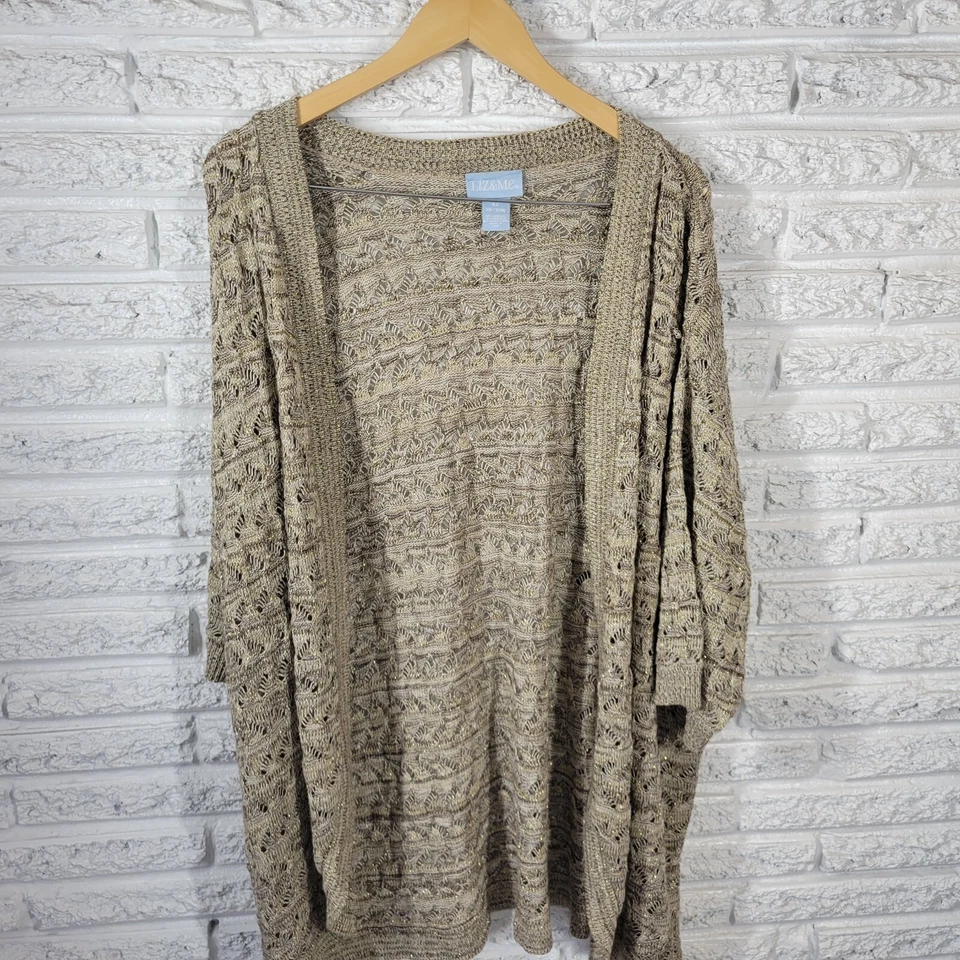 Liz Me Womens Sweater 4X Plus Cardigan Open Gold Tan Metallic Thread Acrylic - Image 4 of 4