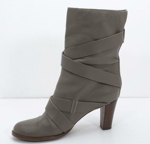CHLOE Womens Taupe Leather Buckle Round-Toe Block High Heel Mid-Calf Boots 11-41 - Picture 2 of 8