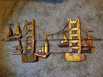 Brutalist Style C. Jere Aesthetic Nautical Ship & Bridge Metal Sculpture Sail On