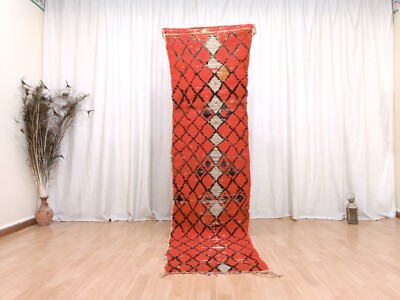 2x8 Geometric Handmade Red Runner Unique Vintage Moroccan Rug