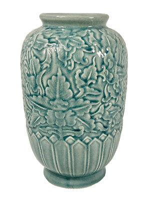 Antique Embossed Floral Vase with Light Blue Crackle Glaze 9.75  Beautiful