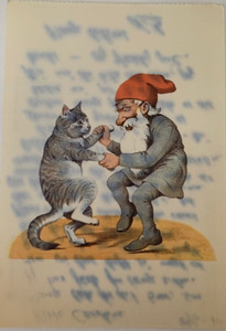 Rare Antique Early 1925s Vintage French Postcard A cat dancing with a dwarf