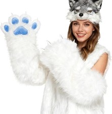 Extra Long Furry Paws White 20 Inches, Elbow Length Long Cat Paws Fursuit Gloves