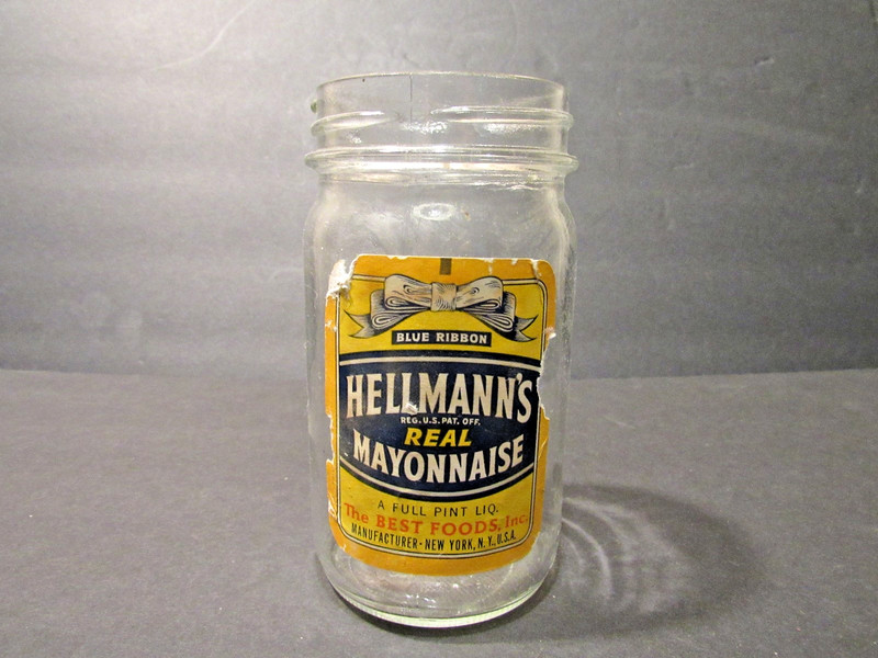 Vintage 1950's Hellmann's Mayonnaise Clear Glass Jar A Full Pint Screw Top