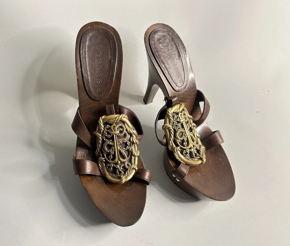 Sandalias Gianmarco Lorenzi Tacones Madera Cuero Marrón Talla 39 EU, 9 US Foto 4 de 4