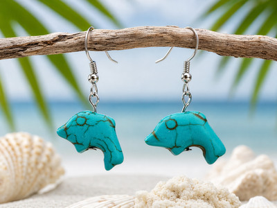 Turquoise Dolphin Earrings Small Dangle Howlite Ocean Beach Jewelry Gift