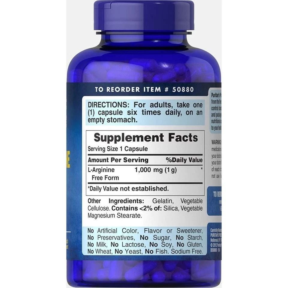 Puritan's Pride L-Arginine 1000 mg Capsules 100 Count White Foto 2 de 4