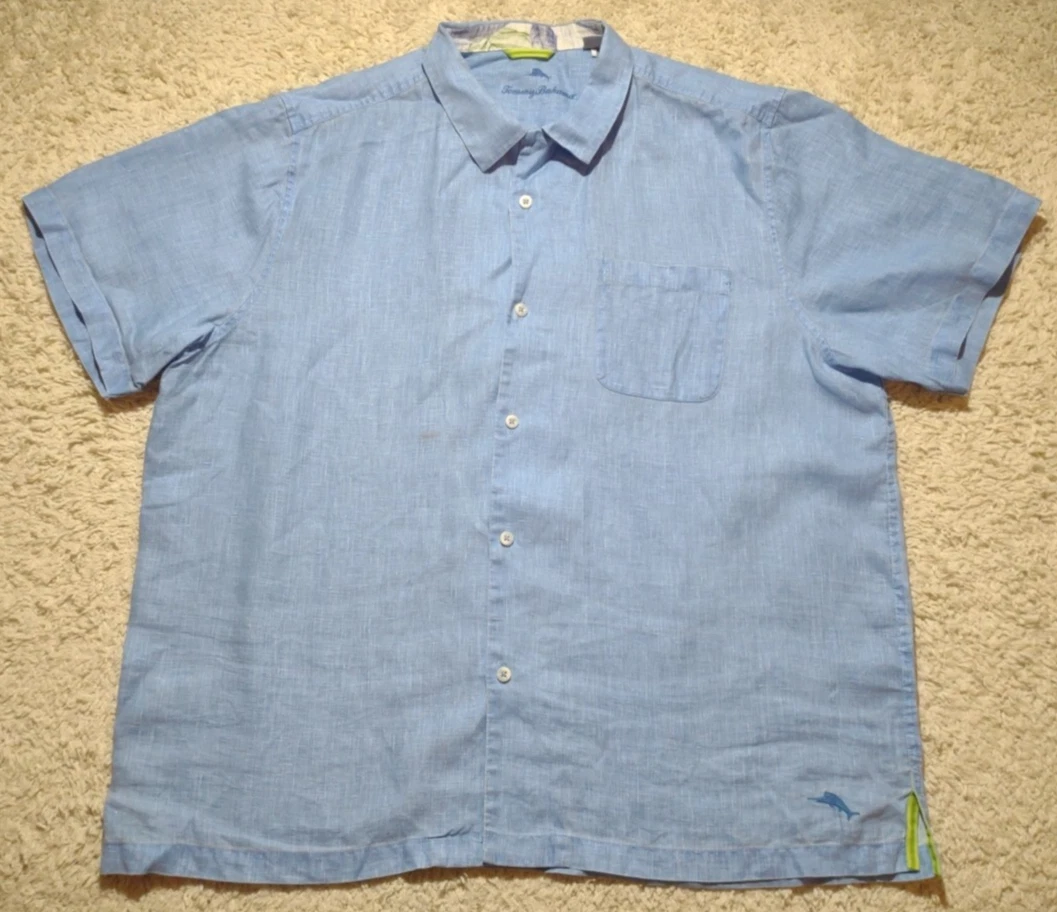 Tommy Bahama Linen Shirt Men's XXL Blue Button Up Short Sleeve Beach Hawaiian