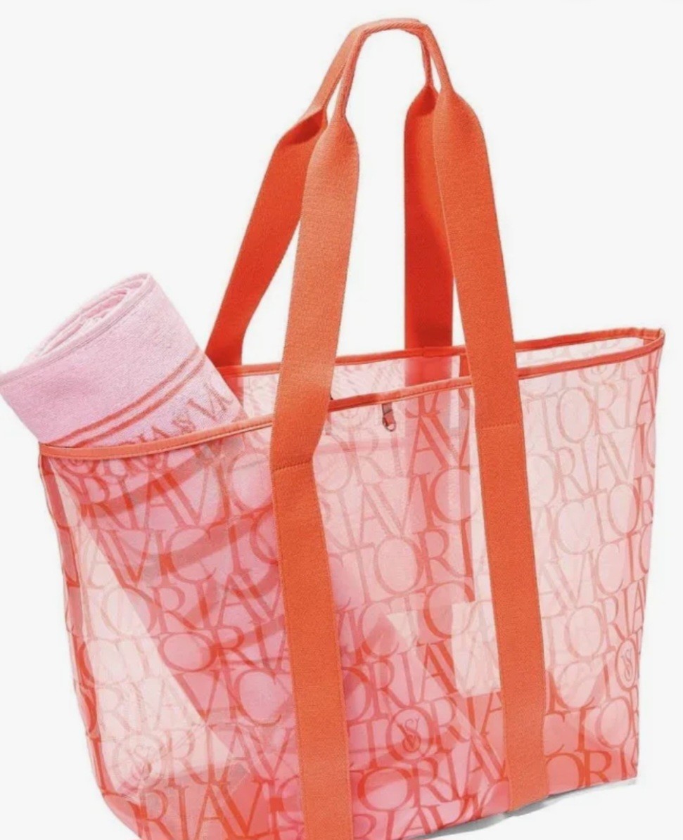 VICTORIA'S SECRET Juego de Toallas y Bolso Grande de Malla Rosa Naranja