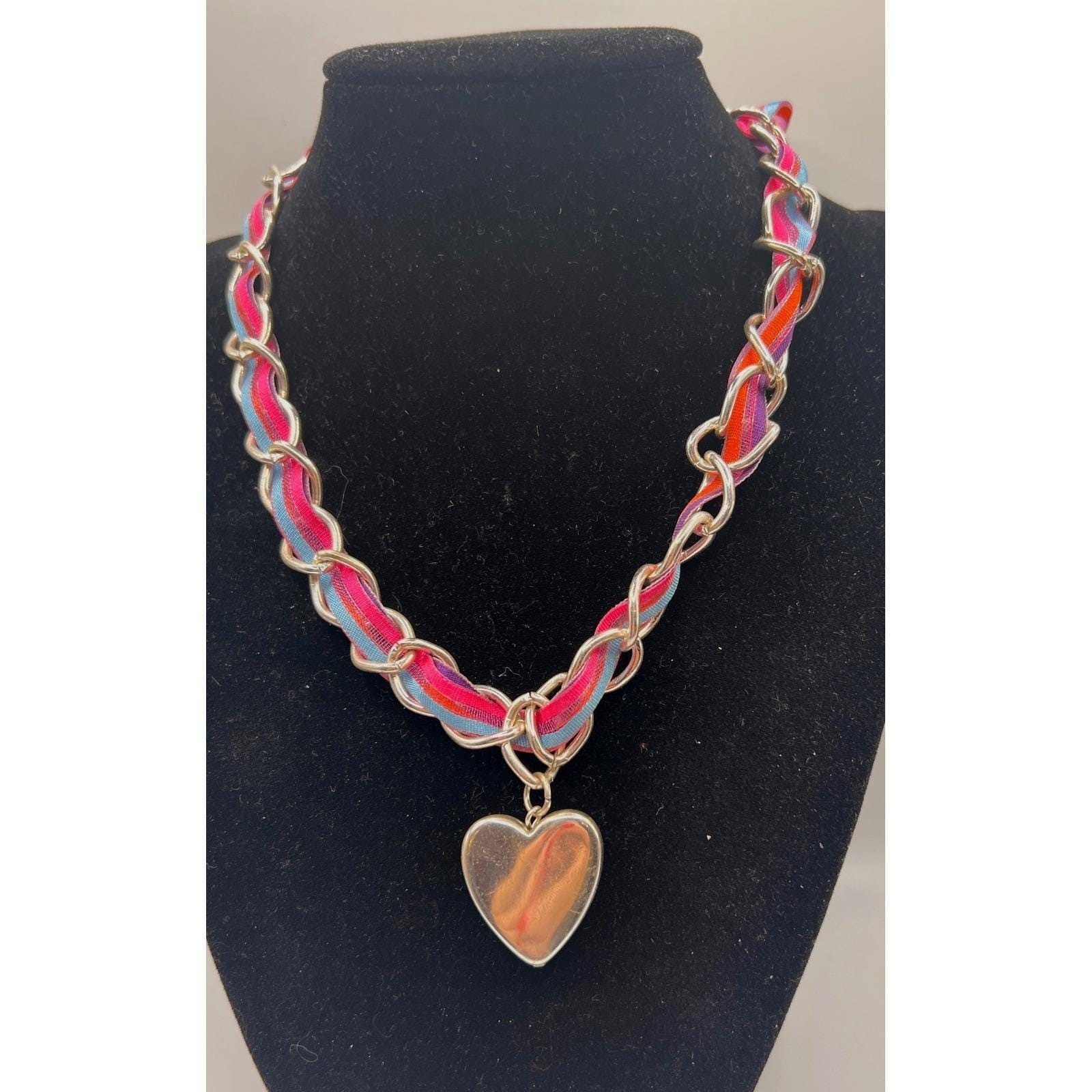 Red Boho Ribbon Chain Necklace Silver Tone Heart Pendant 16
