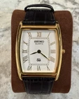 Seiko Quartz Vintage Women's Rectangle Gold Tone Watch Black Leather Strap