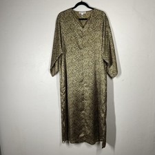 Vtg Oscar De La Renta Robe Womens Medium Brown Leopard Satin Kaftan Zip Lounge