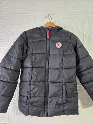 CONVERSE JUNIOR Black Pink Stars Hooded Puffer Jacket Size Large Age 12-13