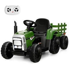 12V Kids Ride On Tractor with Trailer Ground Loader w/ RC & Lights Dark Green