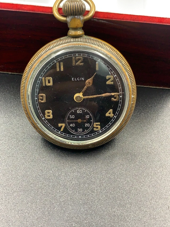 VINTAGE ELGIN NATIONAL WATCH CO POCKET WATCH MILITARY USA 1940'S BLACK 52MM BIG - Image 3 of 4