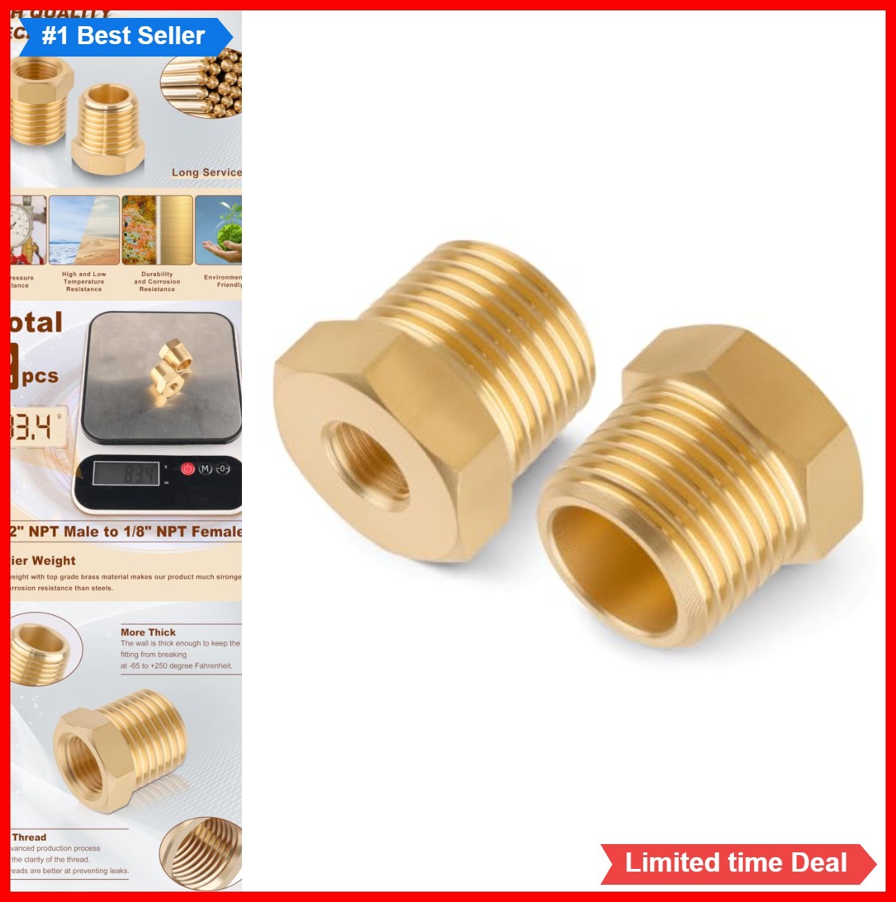 Brass Hex Bushing 1/2 in NPT Male x 1/8 in NPT Female Reducing Fitting 2 Pack