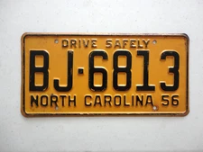 1956 North Carolina passenger License Plate in original condition BJ-6813