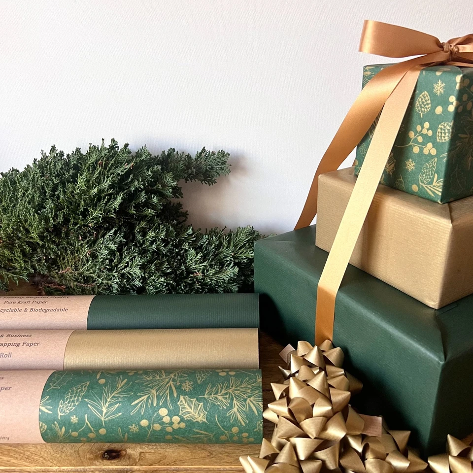 KRAFT Christmas Wrapping Paper Spruce Foliage Gold Green Eco Printed Sheets Roll - Image 2 of 2