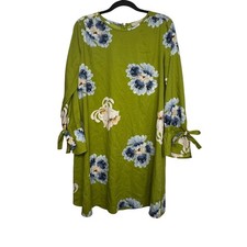 LOFT Green Floral Dress Bell Sleeve Casual Shift Women Small Back Zip Tie Cuffs