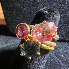 18ct Yellow & White Gold 3-Stone Spinel Cocktail Stack Ring, Hallmarked, Size K