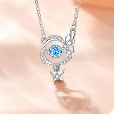 925 Sterling Silver Blue Butterfly Flowers Crystal Pendant For Women Necklace