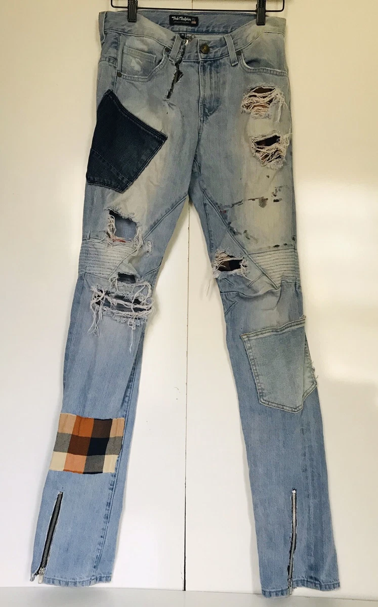 Pink Dolphin Ripped Raggedy Skinny Denim Stone Jeans Pockets